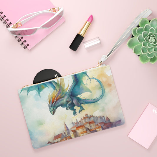 Dragon Watching Over Us Clutch Bag - Watercolor Dragon Over Fairy-Tale Town Wristlet in Saffiano PU Leather, Dragon Protection Gift for Her