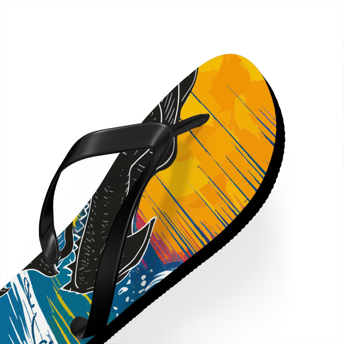 Single flip flop close-up showing yellow/orange dragon graphic and black thong strap.