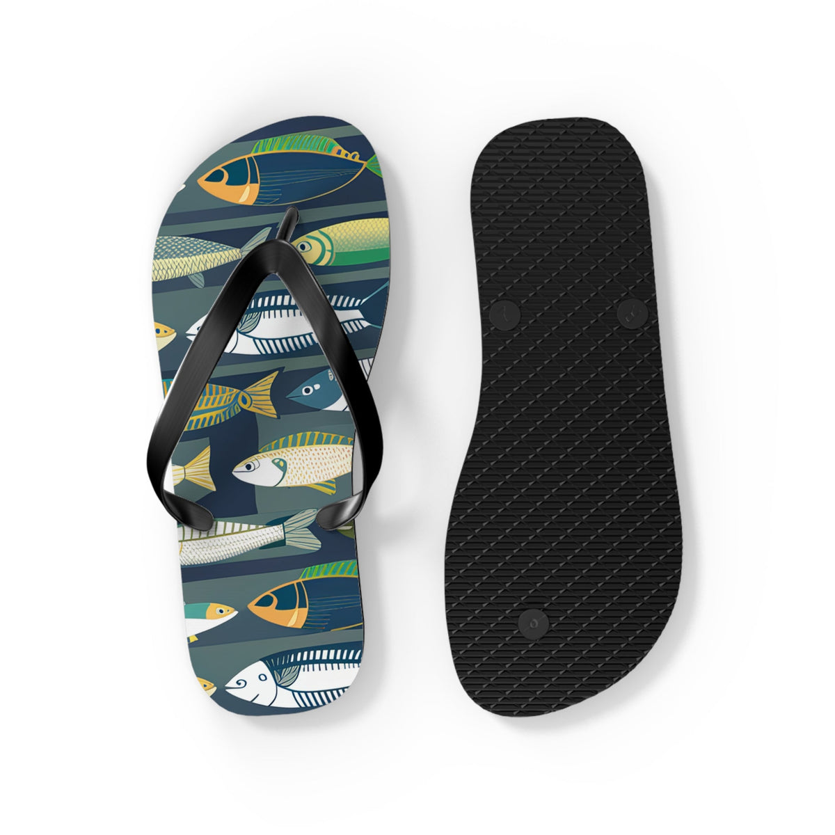 Fish-print flip-flops with black thong strap; black textured sole shown