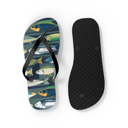 Fish-print flip-flops with black thong strap; black textured sole shown