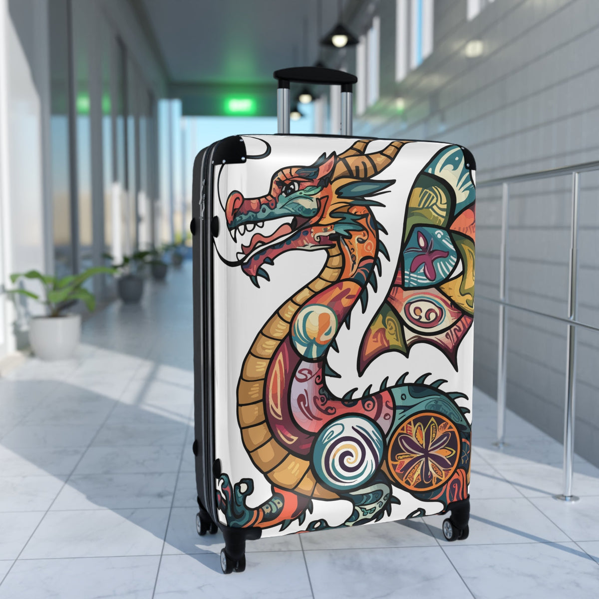 Dragon Tattoo Suitcase - Colourful Asian Dragon Hard Shell Carry-On Luggage with 360 Wheels, Dragon Travel Gift in Small Medium Large