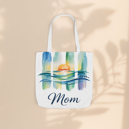 Mom Ocean Sunset Canvas Tote Bag – Watercolour Triptych Design | Polyester Canvas | 3 Sizes × 5 Strap Colours | Gift for Mom