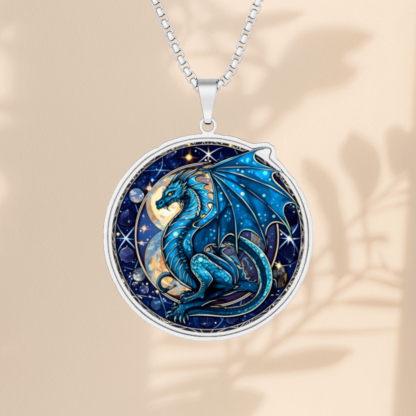 Blue Dragon Necklace - Celestial Blue Dragon Pendant with Moon and Stars, Fantasy Dragon Jewelry Gift in Stainless Steel, Gold, or Sterling Silver