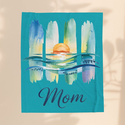Ocean Loving Mom Velveteen Plush Blanket – Watercolour Sunset Ocean Design | Super Soft Polyester | 3 Sizes | Mother’s Day Gift for Ocean Loving Mom