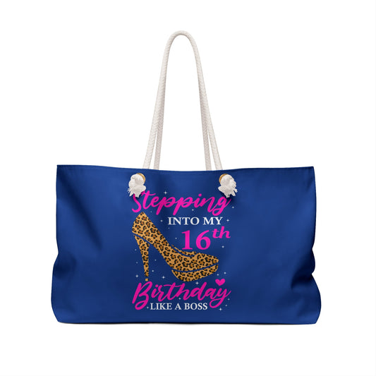 Blue tote bag with white handles, leopard heel 16th Birthday text and star accents front.