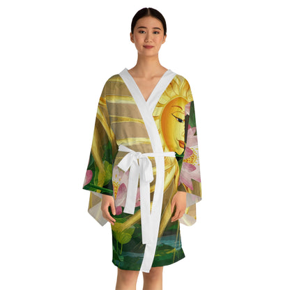Lotus Sun Kimono Robe - Long Sleeve Lotus Flower Wrap with Golden Sun Design for Lounging, Spa Days, and Resort Wear XS to 2XL