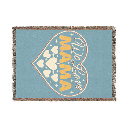 We Love Mama Woven Cotton Blanket – Retro Boho Heart Design | 100% Cotton with Fringed Edges | 3 Sizes | Mother’s Day Gift for Mama
