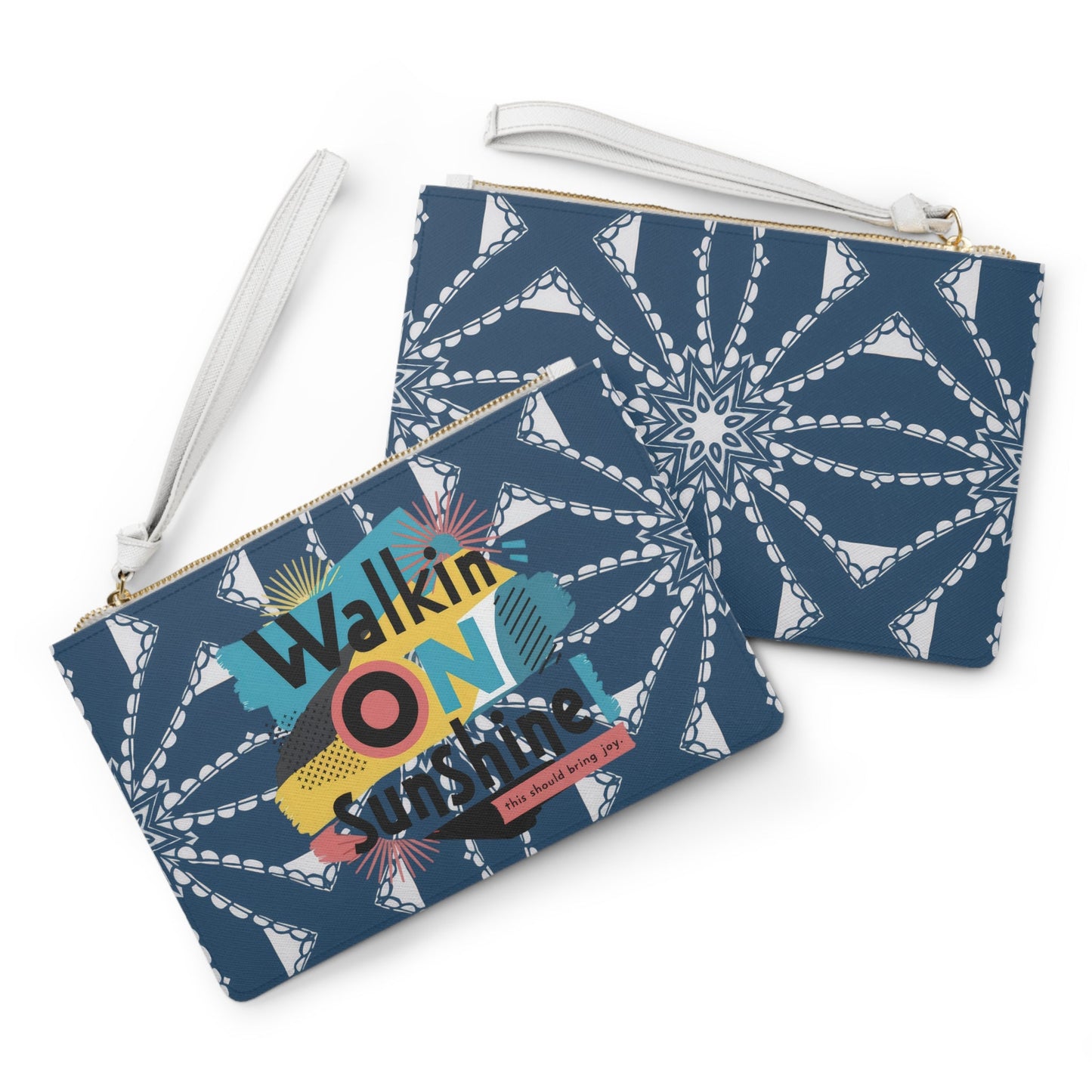 Walkin' On Sunshine Clutch Bag - Bold Retro Memphis Graphic Wristlet in Navy Blue with Chain Lattice Pattern, Sunshine Positivity Gift for Her