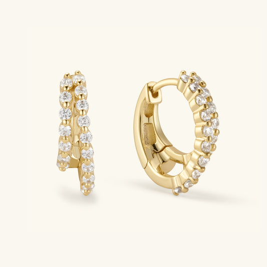 Gold double pavé hoop earrings with clear round stones