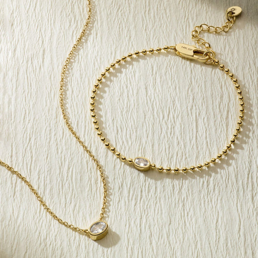 Gold-filled oval diamond necklace and bracelet set with oval pendants, gold chain