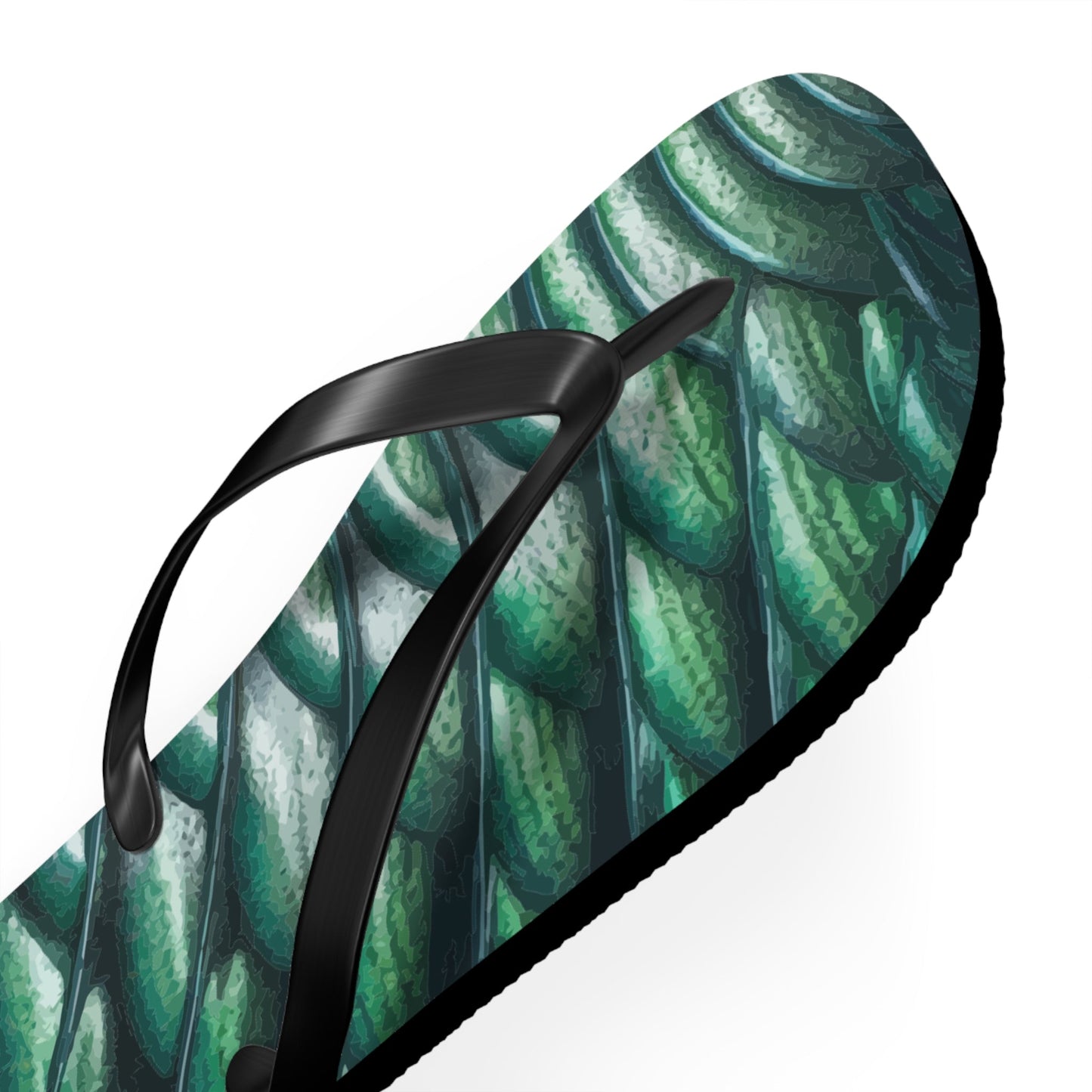 Single green scale-print flip-flop with black thong strap and thick textured sole edge