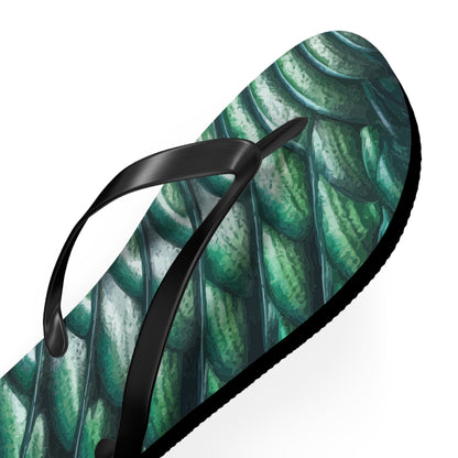 Single green scale-print flip-flop with black thong strap and thick textured sole edge