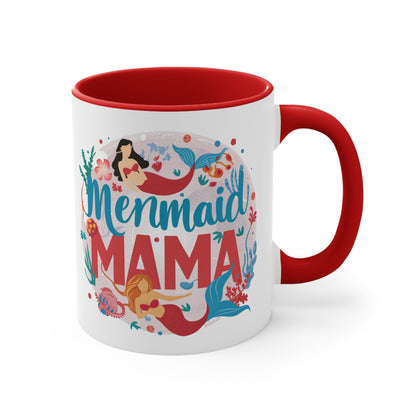 Mermaid Mama Mug – Mother & Daughter Mermaid Illustration | 11oz White Ceramic with Coloured Interior | Pink, Red or Black | Ocean Mum Coffee Tea Gift