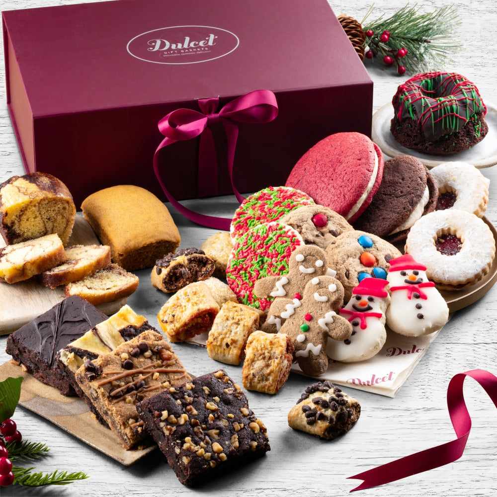Holiday baked goods basket with assorted cookies and gingerbread figures