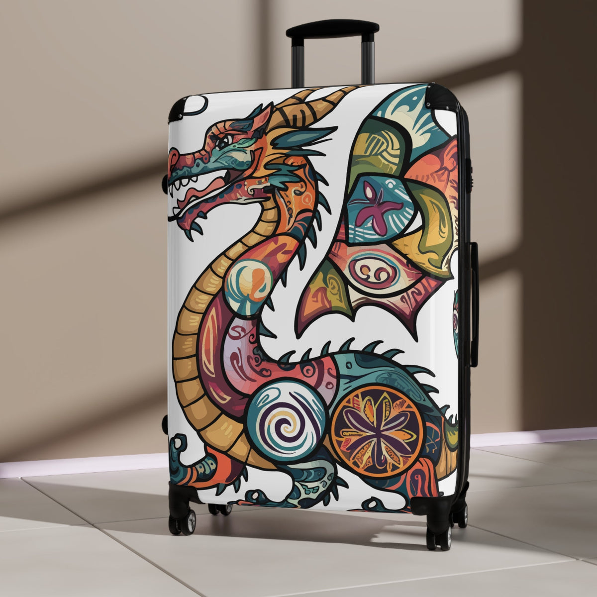 Black carry-on suitcase with colorful dragon graphic, front view, four spinner wheels