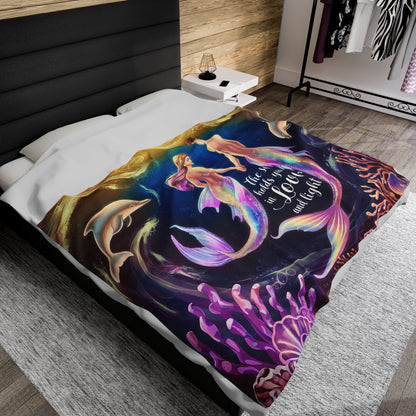 Mermaid Love Velveteen Plush Blanket – Romantic Mermaid Couple with Dolphins ‘The Sea Holds You in Love and Light’ | 3 Sizes | Ocean Fantasy Art Throw