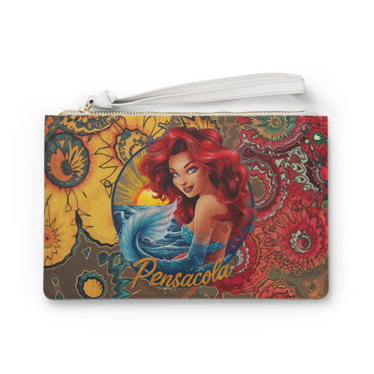 Pensacola Mermaid Clutch Bag - Boho Mandala Mermaid Wristlet Clutch in Saffiano PU Leather, Mermaid Gift and Pensacola Souvenir for Her