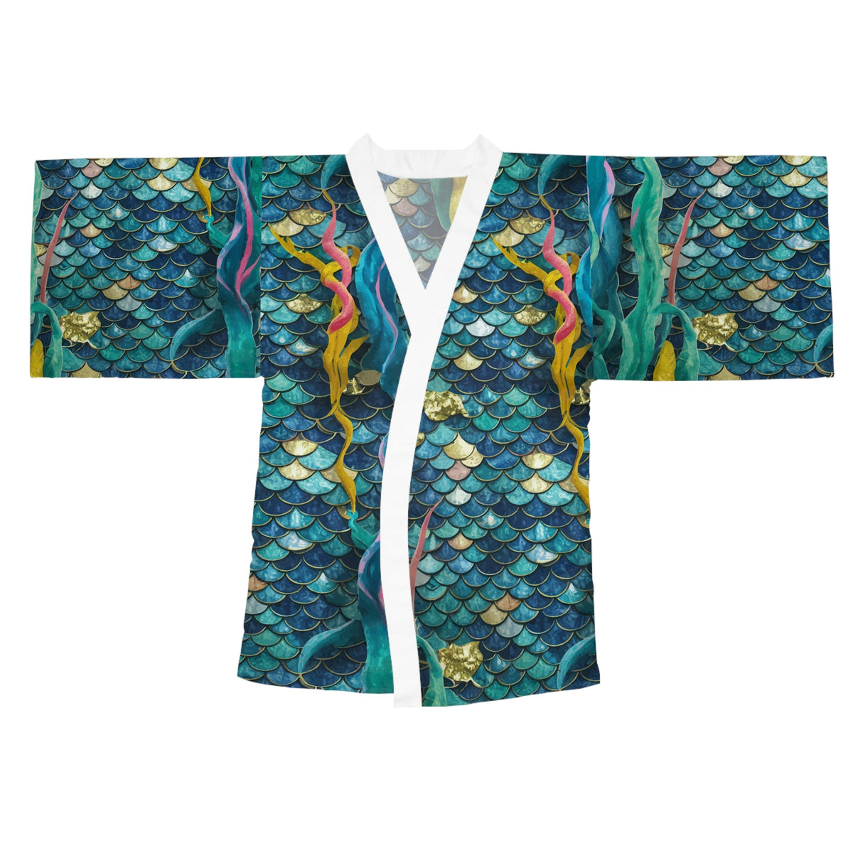 Mermaid Scale Party Kimono – Stained Glass Teal & Gold Mosaic Scale Print | XS–2XL | Black or White Trim | Festival Beach Wedding Coastal Cover-Up