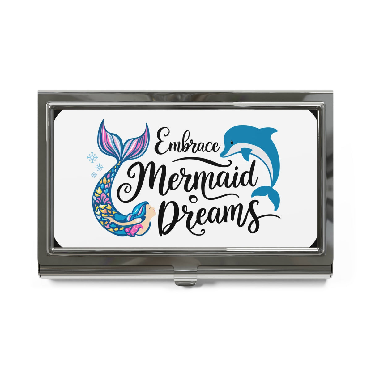 Mermaid Business Card Holder - Embrace Mermaid Dreams Polished Silver Metal Card Case with Mermaid and Dolphin Design, Mermaid Gift for Her