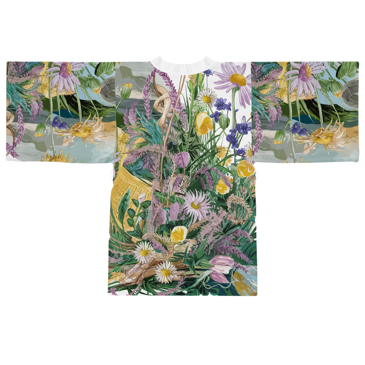 Beach Flowers Kimono Robe - Long Sleeve Coastal Floral Wrap for Beach Cover-Ups, Resort Wear, Lounging, and Travel XS to 2XL