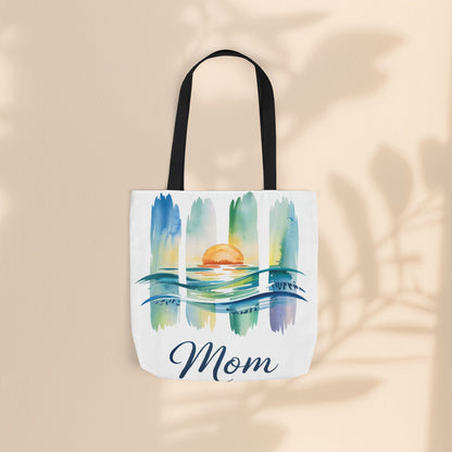 Mom Ocean Sunset Canvas Tote Bag – Watercolour Triptych Design | Polyester Canvas | 3 Sizes × 5 Strap Colours | Gift for Mom