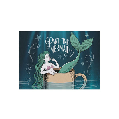 Part-Time Mermaid Outdoor Rug – Whimsical Mermaid in a Coffee Cup Chalk Art | Non-Slip UV-Resistant | 4 Sizes | Beach House Patio Coastal Decor
