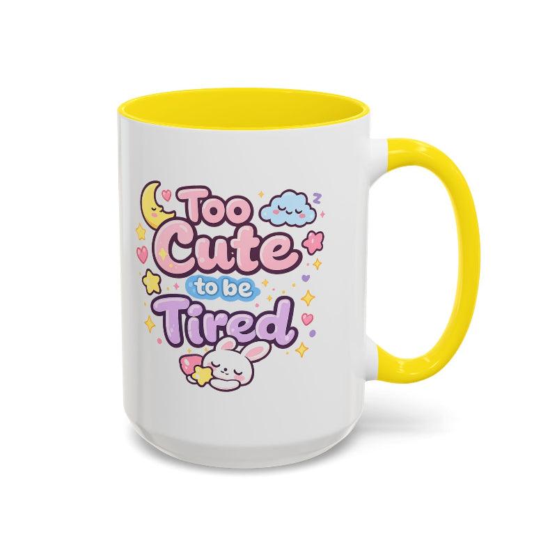 Kawaii bunny mug, white ceramic with yellow rim and handle; front print with sleeping bunny