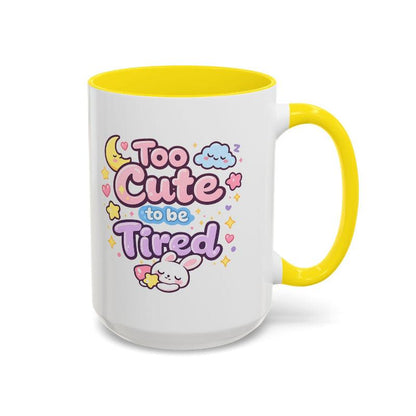 Kawaii bunny mug, white ceramic with yellow rim and handle; front print with sleeping bunny