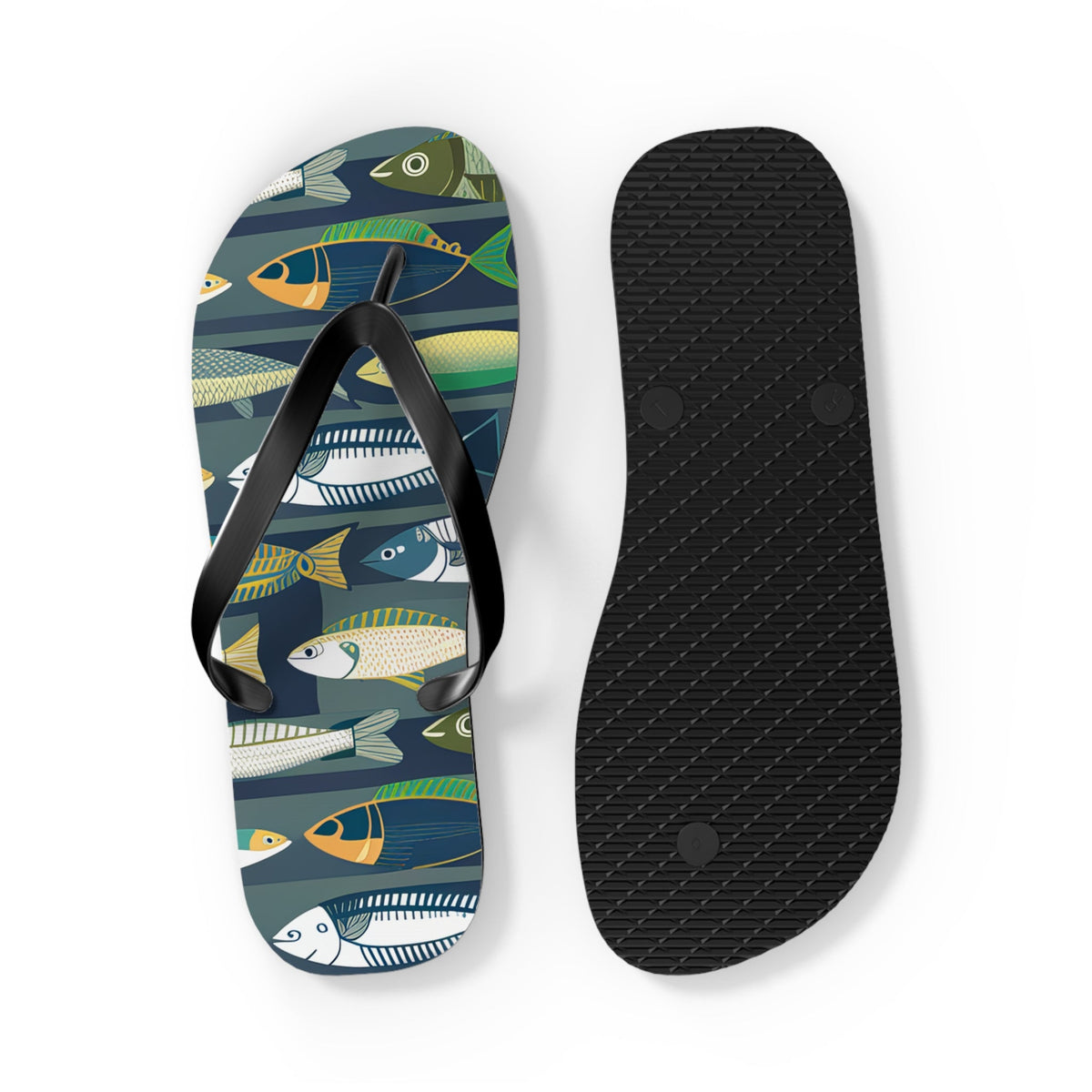 Flip flops showing black textured underside sole with fish-print straps and footbeds
