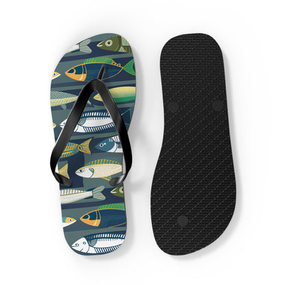 Flip flops showing black textured underside sole with fish-print straps and footbeds