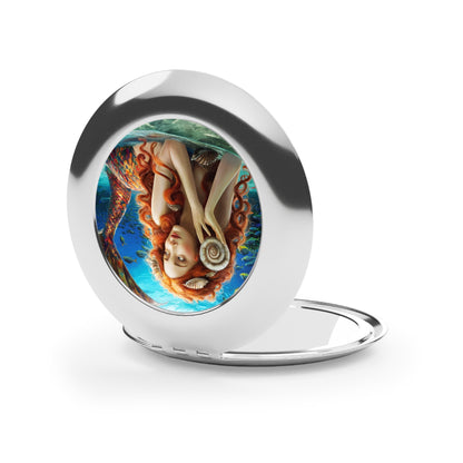 Mermaid Shell Compact Mirror – Red-Haired Mermaid Listening to the Sea | Silver Metal Glossy | Dual Glass Mirrors | Purse Travel Makeup Mirror Gift
