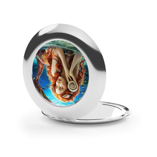 Mermaid Shell Compact Mirror – Red-Haired Mermaid Listening to the Sea | Silver Metal Glossy | Dual Glass Mirrors | Purse Travel Makeup Mirror Gift
