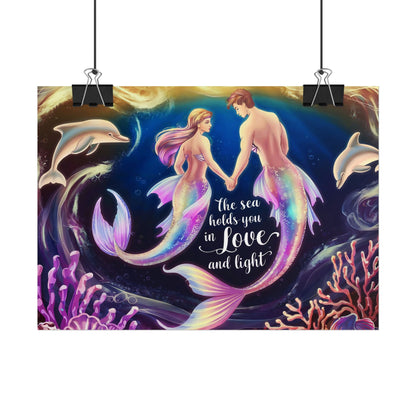 Mermaid Lovers Rolled Poster – The Sea Holds You in Love and Light | Giclée Print | Fine Art, Semi Glossy or Matte | 19 Sizes | Mermaid Couple Wall Art