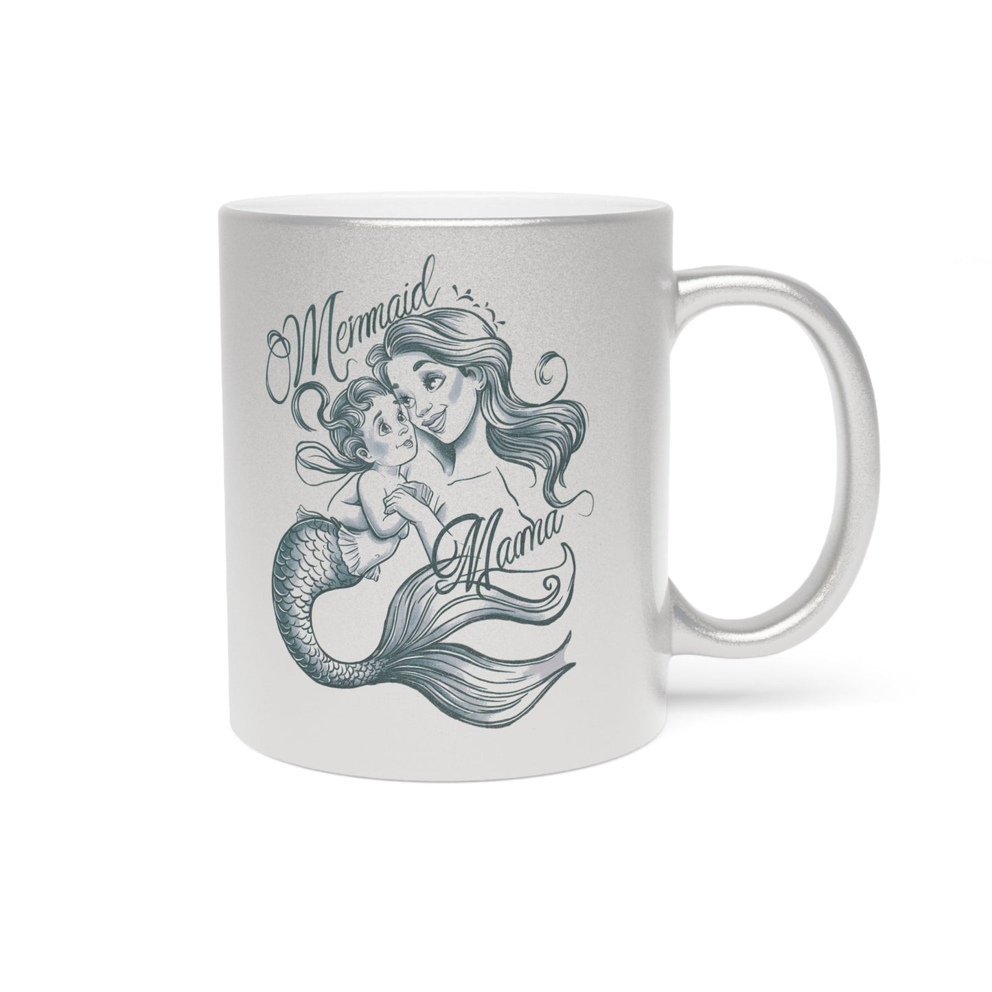 Mermaid Mama Metallic Mug – Fine Line Mermaid Mama & Baby Illustration | 11oz | Gold or Silver Metallic Finish | Mother’s Day Gift for Mermaid Mom
