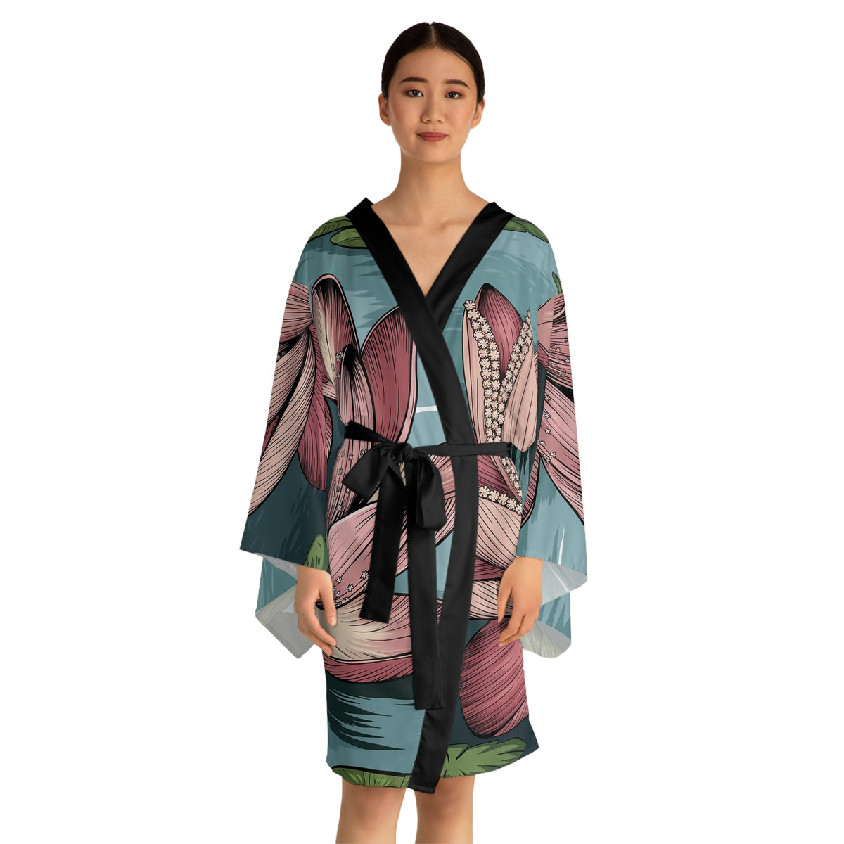 Lotus Blossom Kimono Robe - Long Sleeve Lotus Flower Wrap for Lounging, Spa Days, Meditation, and Resort Wear XS to 2XL