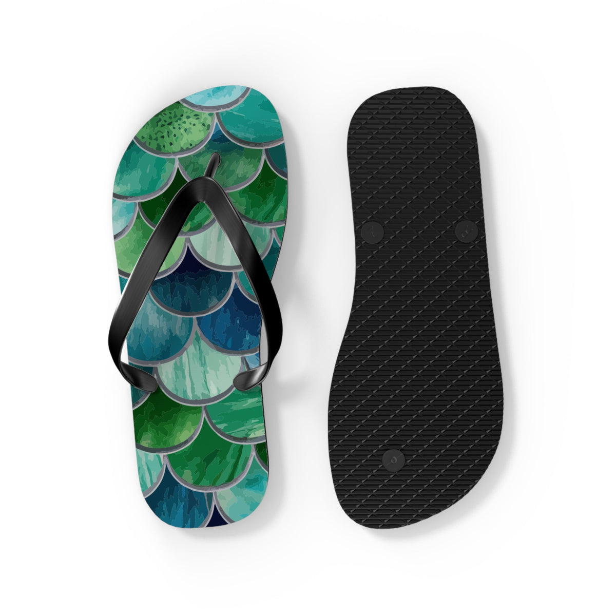 Mermaid-scale flip flop with patterned footbed and textured black outsole