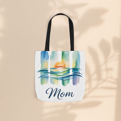 Mom Ocean Sunset Canvas Tote Bag – Watercolour Triptych Design | Polyester Canvas | 3 Sizes × 5 Strap Colours | Gift for Mom