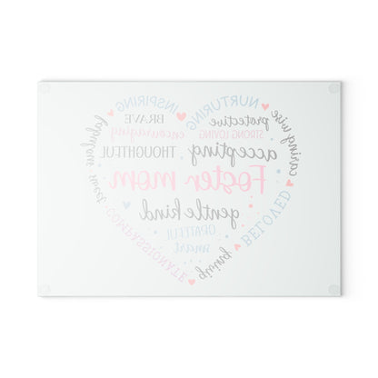 Foster Mom Glass Cutting Board – Heart Word Cloud Design | Tempered Glass | 2 Sizes | Meaningful Gift for Foster Mom