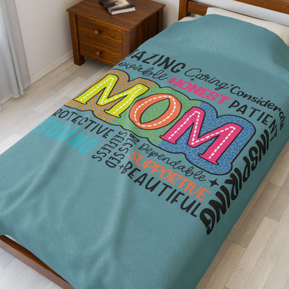 Mom Word Cloud Velveteen Plush Blanket – Amazing, Caring, Inspiring & More | Teal | Super Soft Throw | 3 Sizes | Mother’s Day Gift for Mum