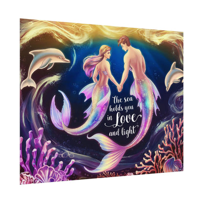 Mermaid Lovers Rolled Poster – The Sea Holds You in Love and Light | Giclée Print | Fine Art, Semi Glossy or Matte | 19 Sizes | Mermaid Couple Wall Art