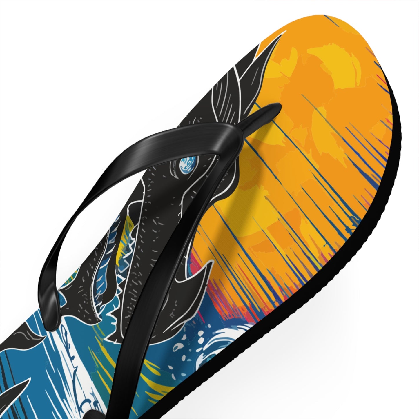 Close-up dragon flip-flop side view with black strap and orange-yellow graphic