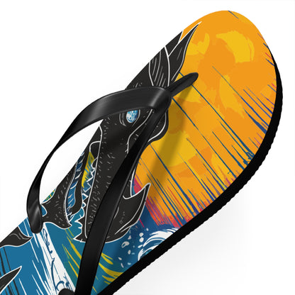 Close-up dragon flip-flop side view with black strap and orange-yellow graphic