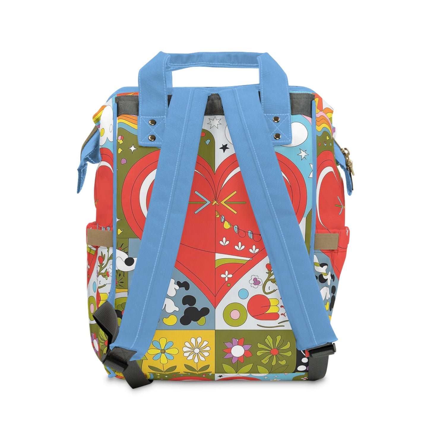 Heart Quilt Diaper Backpack - Retro 70s Patchwork Baby Bag with Hearts and Rainbows, Padded Nylon Baby Shower Gift