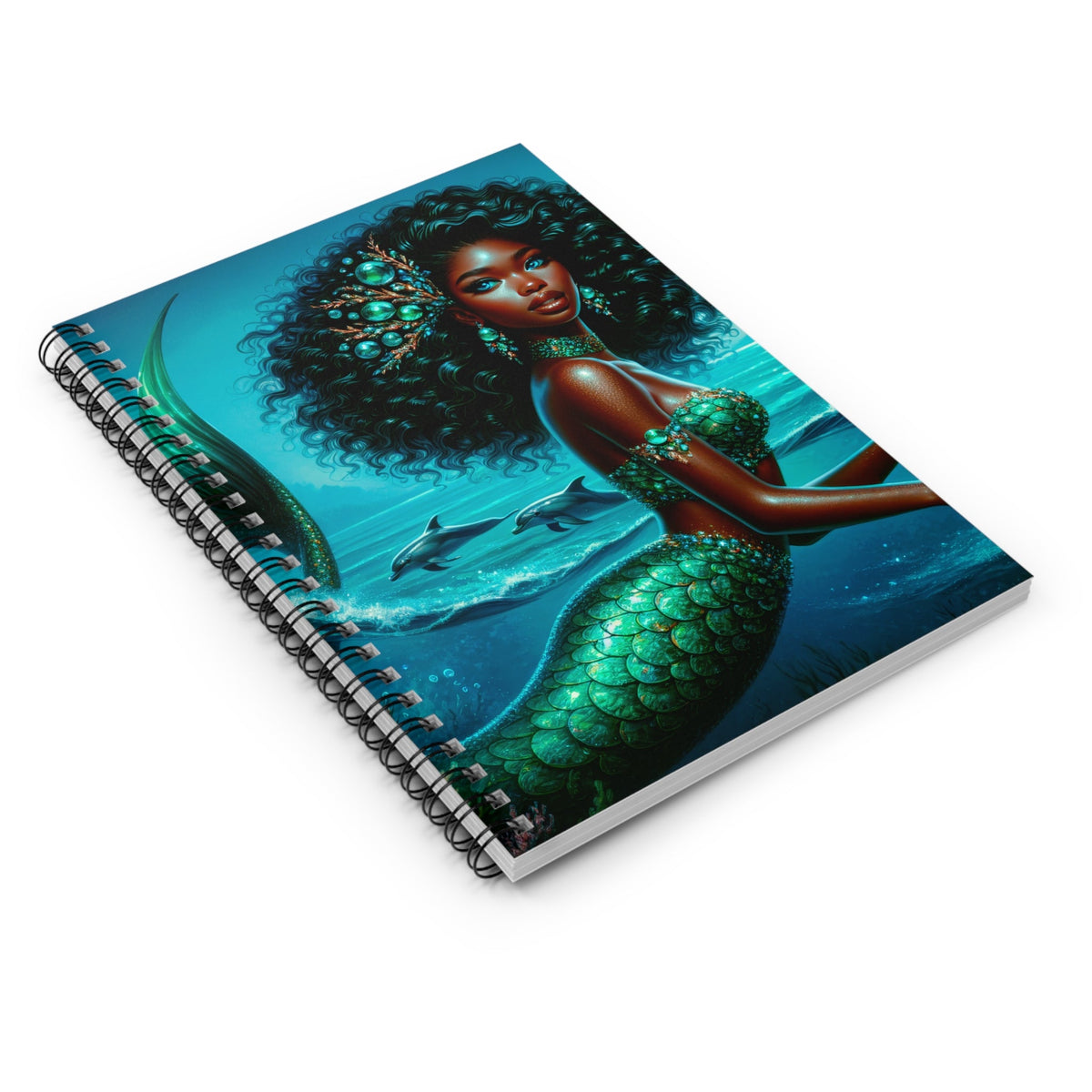 Mermaid Life Spiral Notebook – Black Mermaid Queen Emerald Green Jewel Cover | 118 Ruled Pages 6” × 8” | Ocean Fantasy Journal Stationery Gift