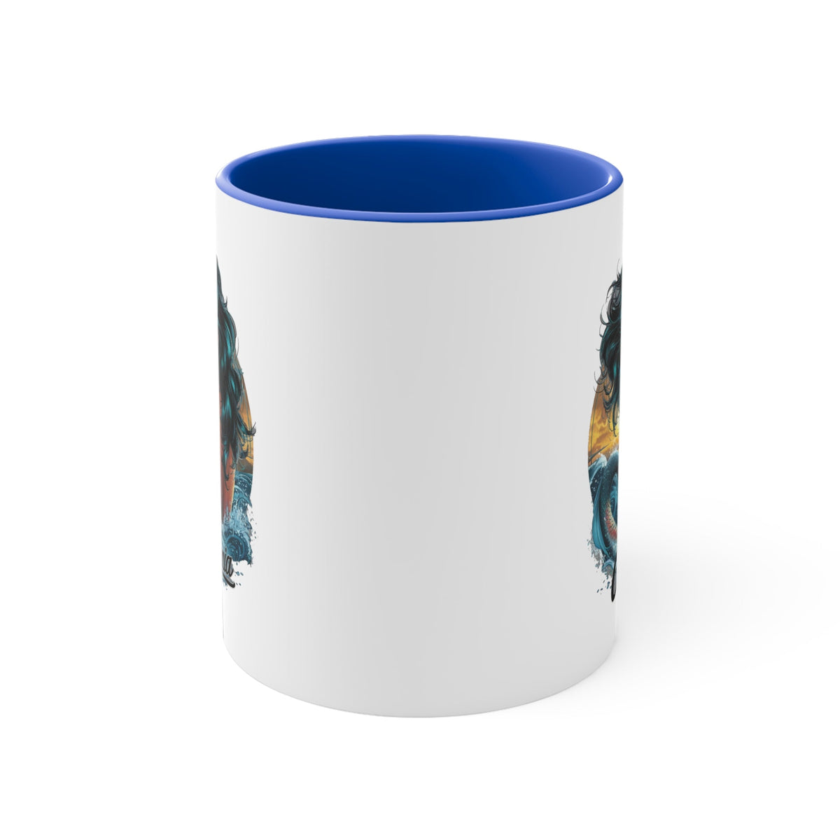 White ceramic mug with blue interior and side mermaid artwork