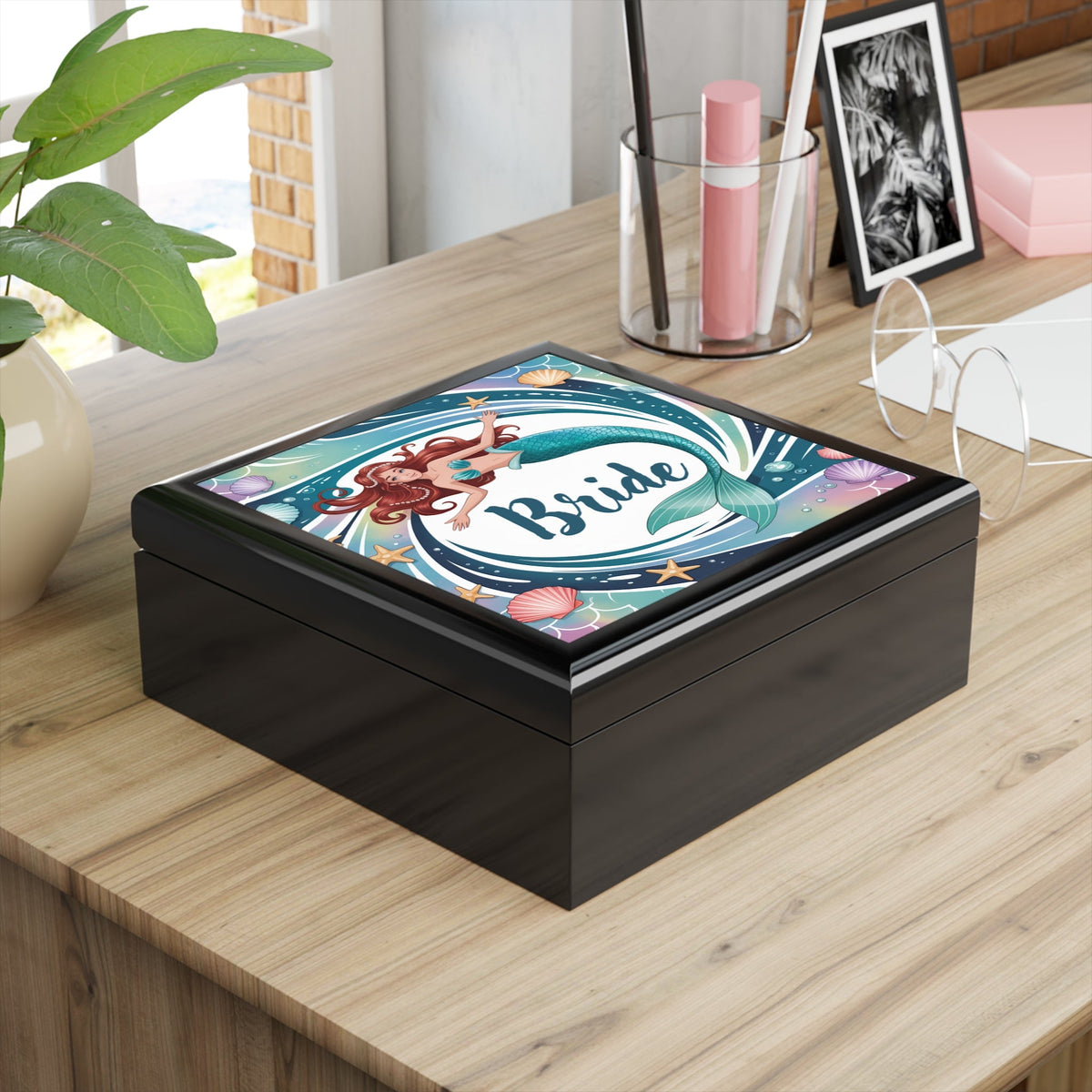 Mermaid Bride Jewelry Box – Illustrated Mermaid ‘Bride’ Keepsake Box | Rubberwood | Ebony Black, Golden Oak or Red Mahogany | Beach Wedding Bridal Gift