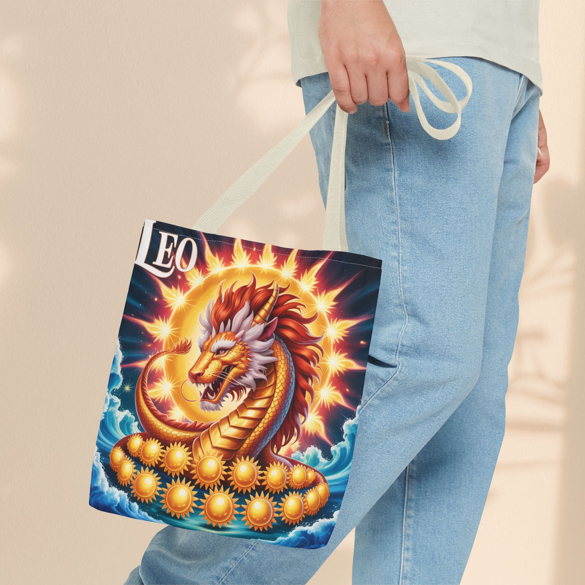 Leo Zodiac Tote Bag – Golden Dragon Sun Celestial Art | 3 Sizes | 5 Handle Colours | Leo Birthday Gift & Astrology Bag