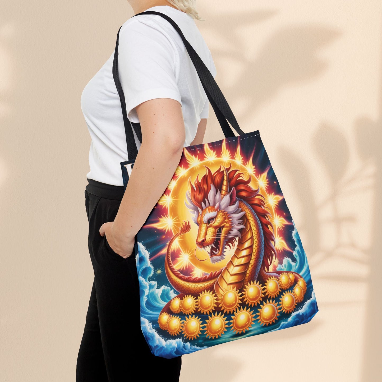 Leo Zodiac Tote Bag – Golden Dragon Sun Celestial Art | 3 Sizes | 5 Handle Colours | Leo Birthday Gift & Astrology Bag