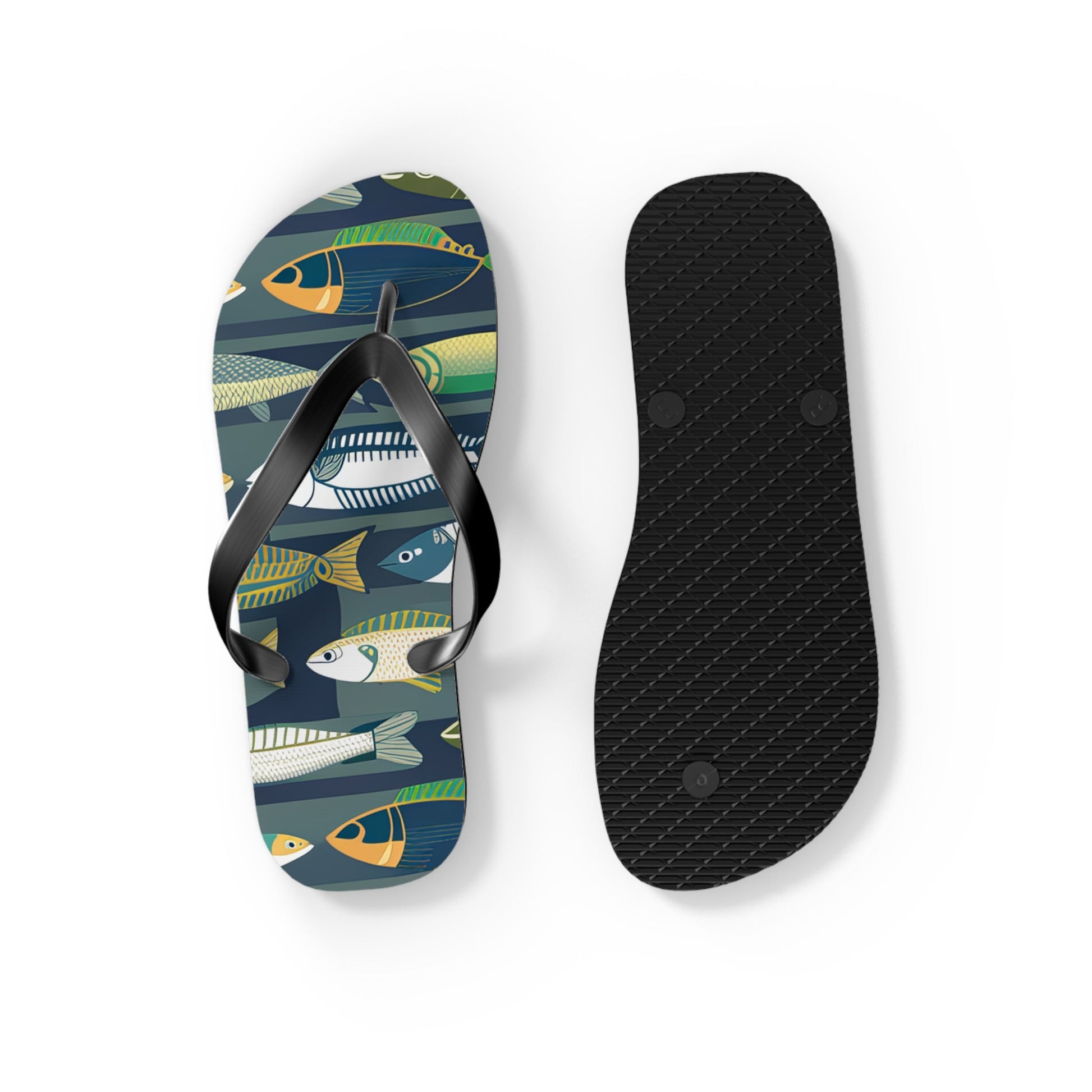 Fish-print flip-flops with black thong straps; one shows black textured sole