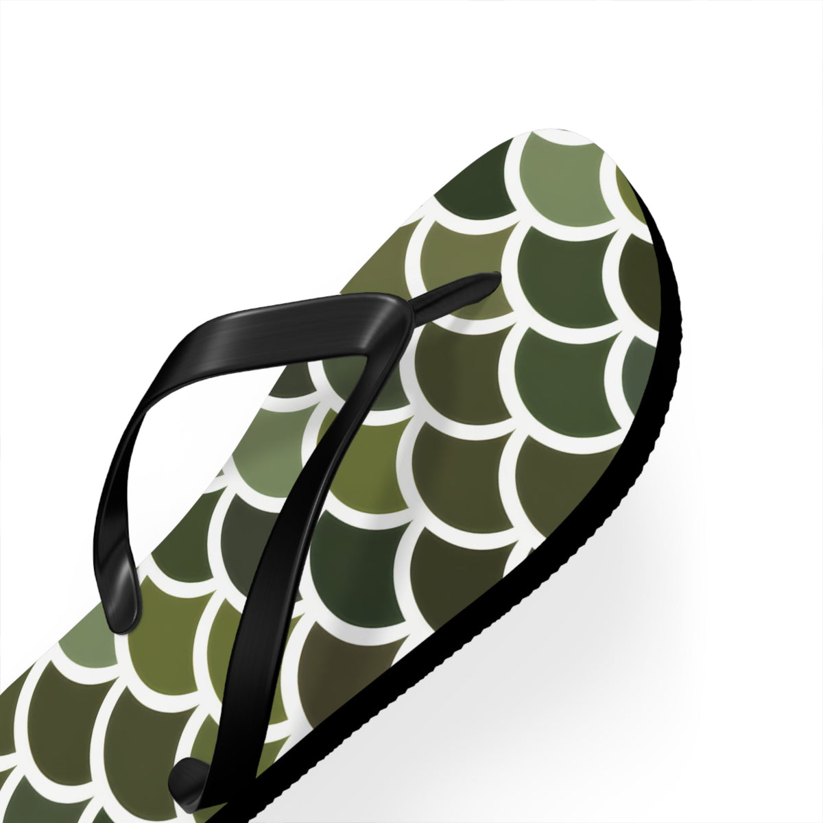 Green flip-flop with white merman scale pattern and black thong strap, angled